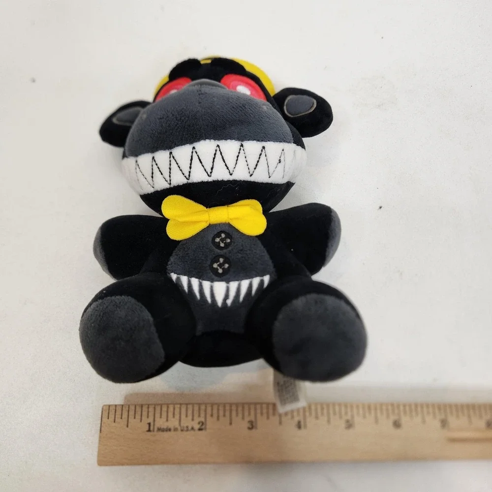 VNKVTL FNAF Black Monster Bear Plush Small Yellow Bow Tie Hat Stuffed Animal Toy